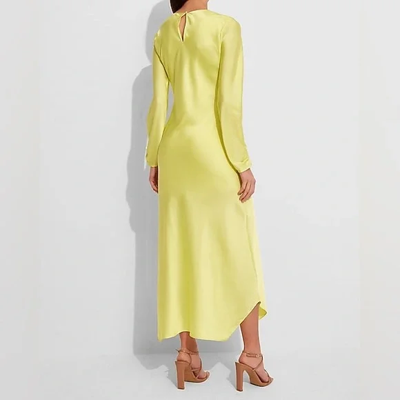 NWOT Express Satin Long Sleeve Asymmetrical Hem Maxi Vibrant Yellow Dress Sz L - Picture 2 of 6
